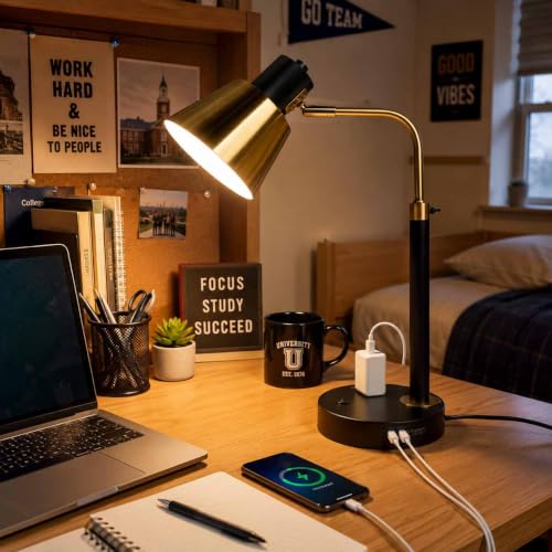 Image of Adjustable Desk Lamp with Dual USB-C /A & AC Outlet 340 Swivel Lamp Head | Metal Desk Lamp,Weighted Base,Table Lamp for Home Office, Bedroom & Reading, Black with Brass Accents (Bulb Not Included)