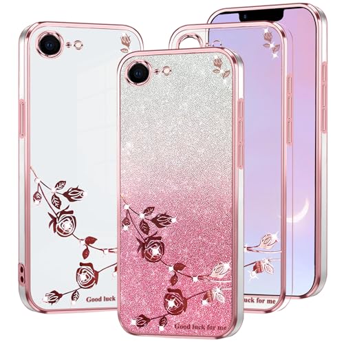 Coque iPhone 16e paillettes en silicone transparent avec motif floral rose pour femme
