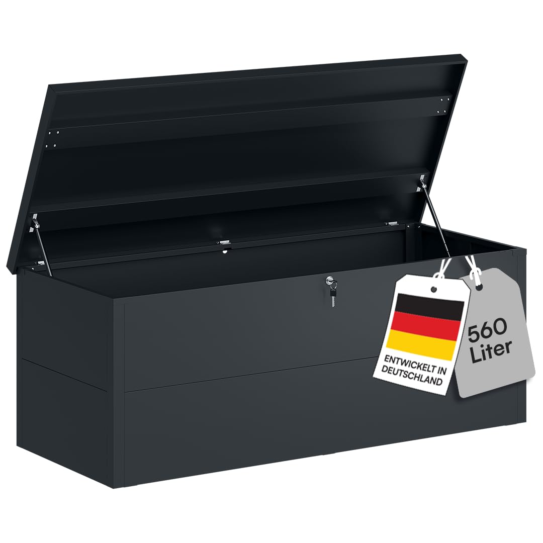 STEELSØN Icarus Gartenbox Metall 560 L – Auflagenbox mit Deckel abschließbar – Gartentruhe wasserdicht – Aufbewahrungsbox in Anthrazit – outdoor Kissenbox 165x70x63 cm – große Truhe für Gartenpolster
