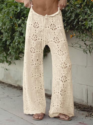 Saodimallsu Womens Crochet Swimsuit Coverup Pants High Waisted Drawstring Sexy Sheer Mesh Knit Wide Leg Beach Pants3