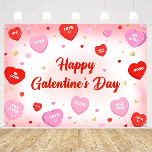 Toile de fond Happy Galentine's Day bannières cœurs rose et rouge décor Saint-Valentin