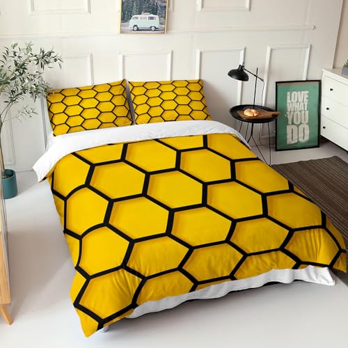 Housse de couette 140x200 patchwork hexagonal abstrait jaune noir moderne microfibre