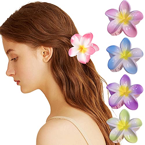 4 Pcs Flower Hair Claw Clips Hawaiian Flower Hair Clips For Women Girl For Summer Beach Vocation Wedding Jaw Clip Barrettes Bohemian Flowers Hair Accessories (Blue+Purple+Green+Pink) #TOP23