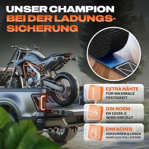 MEISTERBAU - [TÜV geprüft] Spanngurte mit Ratsche [+ 2 Spanngummis] - 1000kg Kapazität - 6m lang und 2,5cm breit 4 Stück - zertifizierte Ratschengurte - Stabile & Wetterfeste Zurrgurte mit Ratsche
