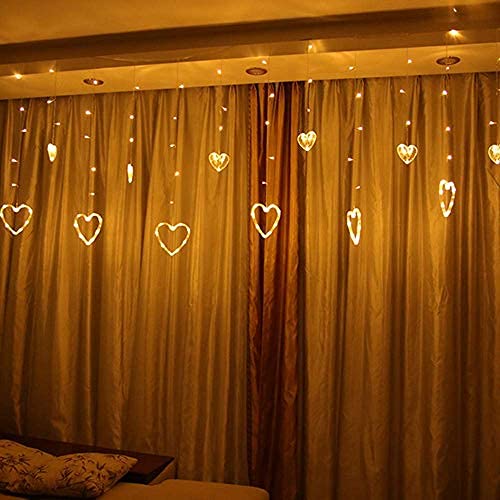 Image of Desidiya 130 Led Heart Shape Curtain String Lights with 8 Flashing Modes Decoration (12 Hearts, Warm White), Prong Base, Pack of 1, 98.4 Inches