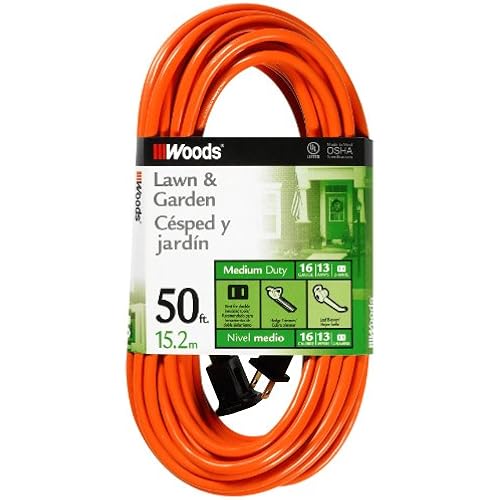 Southwire Woods 50ft Outdoor Extension Cord – Bright Orange, 16/2 Two-Prong – Durable SJTW Jacket for Landscaping & Light-Duty Power – Molded Plug