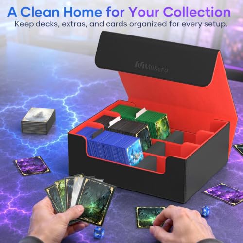 Image of Mlikero Trading Card Storage Box, Bulk Card Storage for 1800+ Sleeved Cards, PU Leather Magnetic Closure Card Organizer with 10 Dividers & 3 Foam Stoppers, Fit for MTG, TCG and Sports Cards (Red)