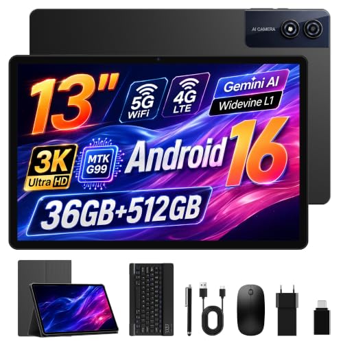 MAXLEGEN Tablet 13 Zoll Android 16, 3K Touchscreen 2944×1840, 36 GB RAM 512 GB ROM/1TB, Octa Core G99, 4G LTE Dual SIM+WiFi 5G, Widevine L1, Gemini AI, 13 MP, GPS, 2-in-1-Pack mit Tastatur/Maus/Hülle