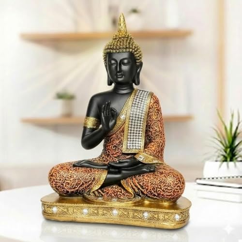 Image of GLUN Meditating Buddha Statue for Home Decor | 25 cm Sitting Buddha Idol Showpiece for Living Room, Office & Gift | Orange & Black | Heavy Polyresin (1 Piece)