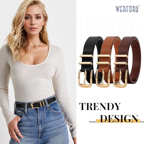 WERFORU 3 PACK Women Belt Women Fashion Leather Belts for Jeans Pants Ladies Belts with Gold Buckle
