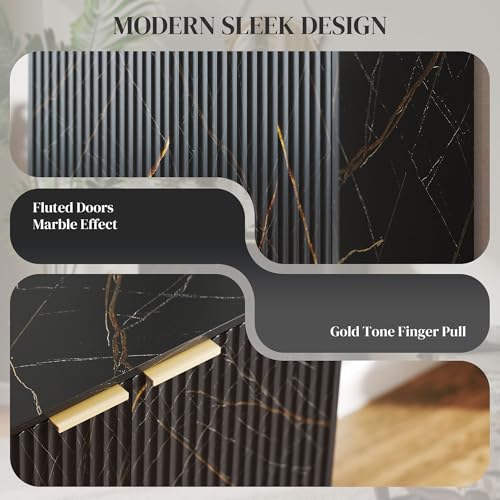 HOMCOM Sideboard Storage Cabinet, Marble Effect Buffet Cabinet with 2 Fluted Doors and Adjustable Shelves, Coffee Bar Cabinet with Metal Legs for Living Room, Black - Image 8