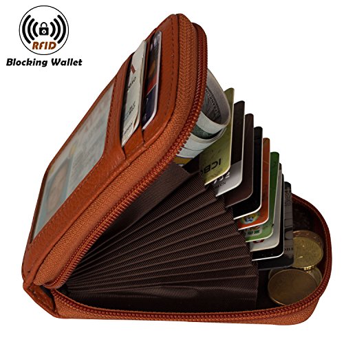 Image of Credit Card Case Organizer Genuine Leather Zip-Around Security Wallet Brown
