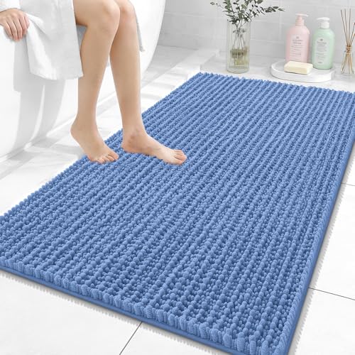 Image of OLANLY Bathroom Rug Mat 44x32, Thick Soft and Absorbent Chenille Bath Mat, Non-Slip Rubber Backing, Machine Washable Quick Dry Bath Rugs for Tub Shower Floor, Home Decor Accessories, Cornflower Blue