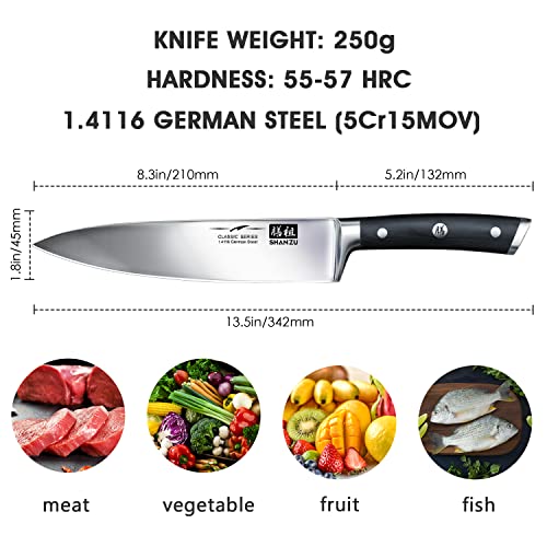 SHAN ZU Coltello da Cucina 20cm, da Chef, Cuoco, Lama Acciaio Inossidabile Tedesco da 8'', Manico Ergonomico in Legno, per Tagliare Verdure, Carne e Frutta - immagine 4