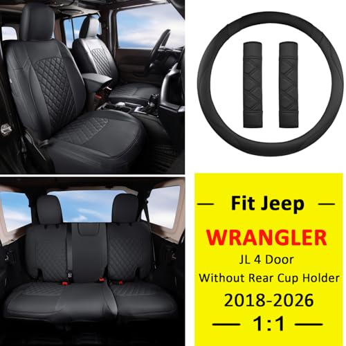 Image of GIANT PANDA Jeep Wrangler 4 Door JL 2018-2026 Full Set Car Seat Covers for Sahara Sport Rubicon Unlimited Willys Without Rear Cup Holder, Customized Faux Leather - (Black)