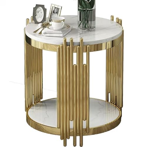 TABKER Mesa Mesa de Esquina de mármol de Lujo, sofá de Sala de Estar, Mesa Redonda con Borde de Acero Inoxidable, mesita de Noche con Placa de Roca, Mesa de té pequeña Simple
