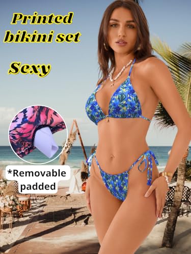Women's Sexy Halter Thong Bikini Set Triangle High Cut String Floral Tie Dye Ombre Prints 2 Pcs Swimsuits2