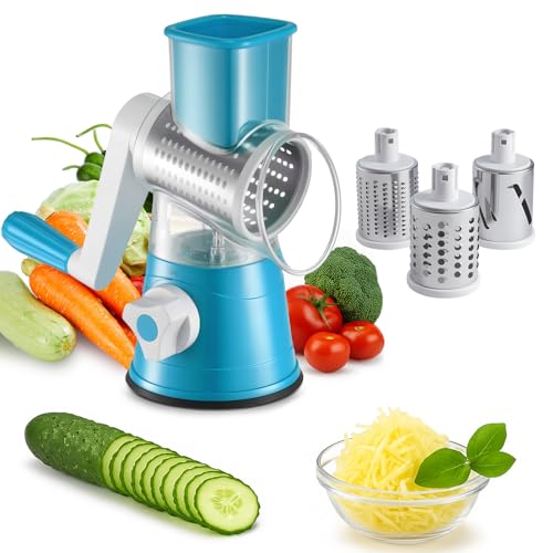 CROWNSHOP Rotary Cheese Grater Handheld Vegetable Slicer 3 Drum Blades