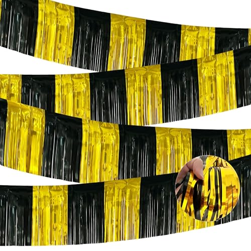 Image of 4 Pack 39 Feet Black Gold Foil Fringe Garland Metallic Tinsel Streamers Banner Fringe Curtain Banner for Parade Floats Halloween Graduation Homecoming Birthday Party Decorations (Black, Gold)