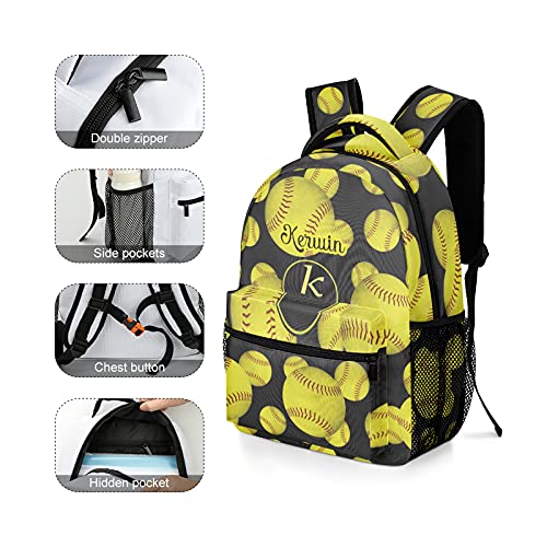 Yellow Softball Personalized School Backpack for Kid-Boy /Girl Primary Daypack Travel Bookbag, 12.2 inch (L)x5.9 inch (W)x16.5 inch (H) (K10255)4