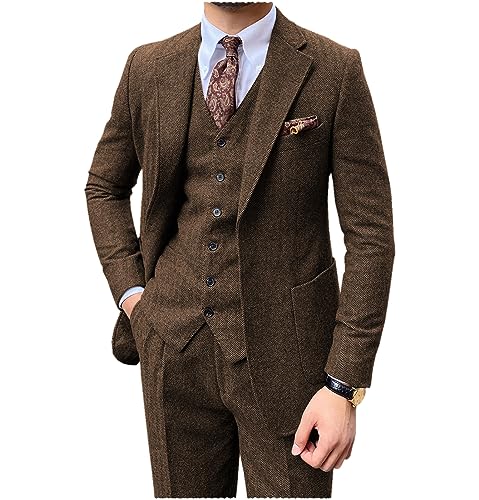 Men's 3 Pieces Suit Slim Fit Suit Tweed Herringbone Business Suit Pants Set for Wedding Party(Blazer+Vest+Pants)