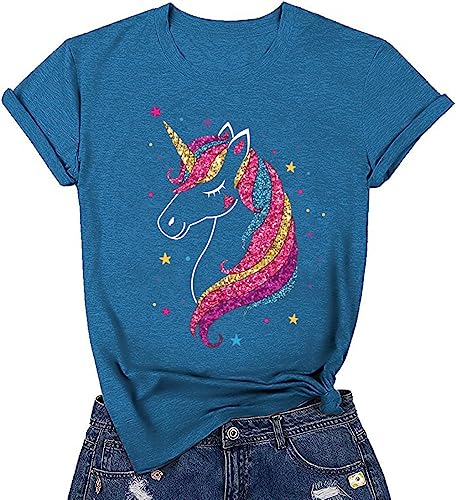 Womens Glitter Unicorn Shirt Funny Birthday T-Shirt Cute Magical Graphic Tees for Teen Girl(Blue XXL)