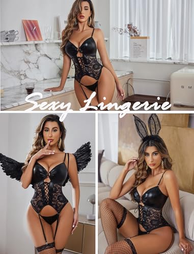 Image of GirlFriend Womens Lingerie Faux Leather Lingerie Lace Teddy Bodysuit Corset with Garter Belt Babydoll Lingerie Bikini with Panty