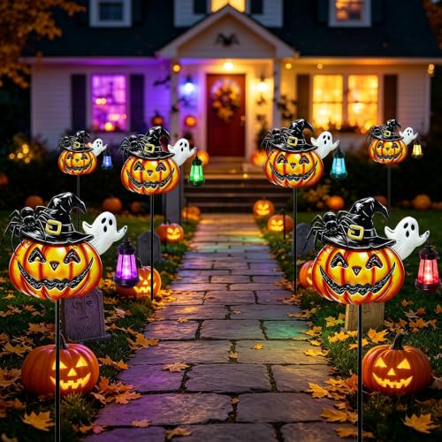Image of VOOKRY Halloween Pumpkin Lantern Outdoor,Iron Pumpkin with Witch Hat&Spider