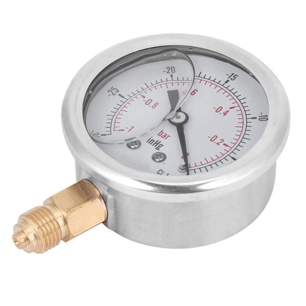 Manomètre à Vide Radial Rempli d' Jauge de Pression Négative -1 à 0 bar (-30 à 0 inHg) Double Échelle Boîtier Acier Inoxydable Raccord Laiton 1/4" BSP pour Pompes à Vide et Systèmes de