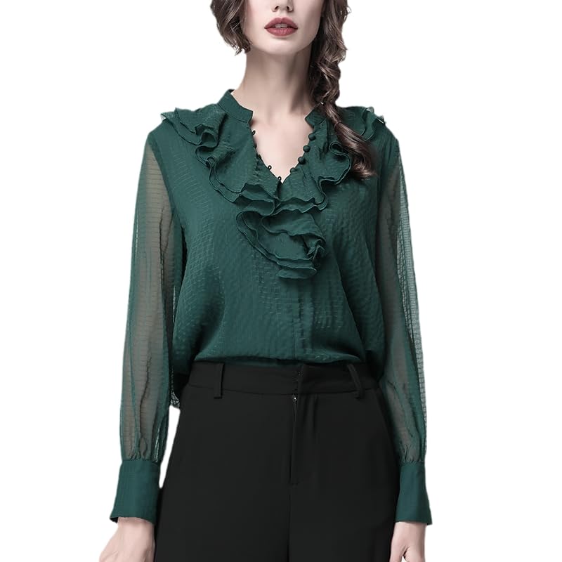 Blusa de Gasa de Manga Larga con Volantes para Mujer, Cuello en V, Color sólido, Cintura Holgada, Camisa Informal de Talla grande Recta para Primavera (En8 XL)