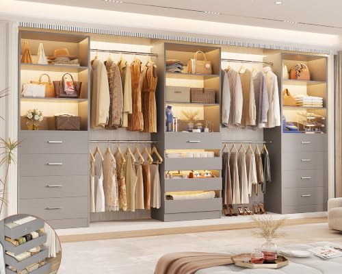 Aheaplus Closet System with 12 Drawers, 8.5-11.5Ft Wood Closet Organizer