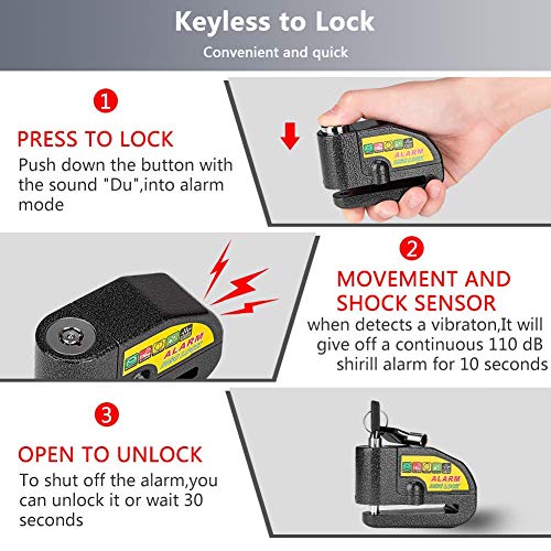 Disc Brake Lock, Linkax Motorcycle Alarm Disc Lock Motorbike Bike Scooter Security Lock Waterproof 110dB Alarm Sound with 1.5M Reminder Cable Keys & Carry Pouch for Motorbike Bike Scooter - Thumbnail 6