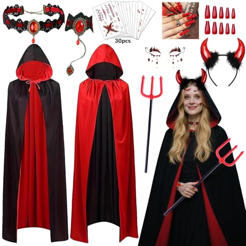 Teufel Kostüm Damen 170cm Umhang mit Kapuze, Vampir Halloween Kostüm Set mit Teufelshörner Haarreif,Nägel,Tattoo,Gothic Kette und Armband,...