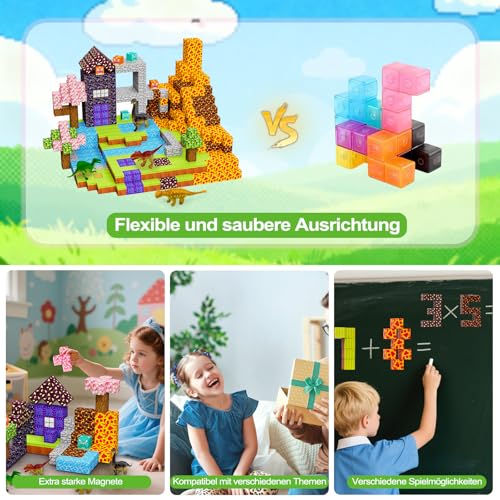 GHIAKQYT Magnetyczne klocki konstrukcyjne dla dzieci w wieku od 3 lat, 100 sztuk, magnetyczne, klocki do samodzielnego wykonania, z 4 dinozaurami, kreatywne zabawki dla dzieci w wieku od 3, 4, 5, 6, 7