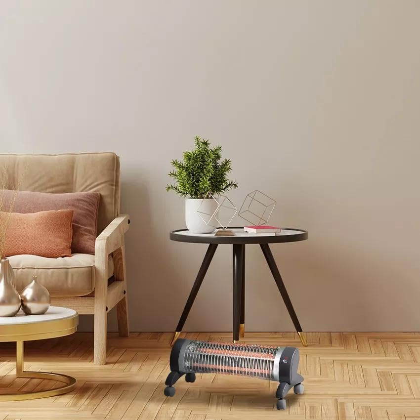 Estufa de cuarzo portátil 1200W con ruedas, ideal para calentar espacios pequeños y proporcionar confort en casa.