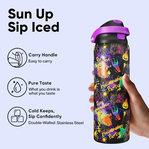 Image of Encool SwiftSip Insulated Stainless Steel Water Bottle with Straw - Leak Proof Sports Water Bottle for School, Travel, Keeps Cold All Day, One-Touch Flip Lid, BPA-Free, 32 oz, Ghost Party