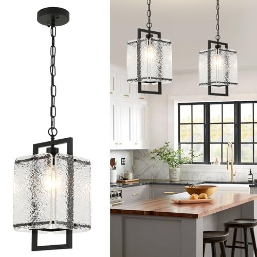 Modern Chandelier, 13.8 Inch Kitchen Island Lighting, Black Crystal Ceiling Fixture with Water Ripple Glass, Adjustable Chain for Dining Room Living Room Bedroom, E26 Base 1-Light Black