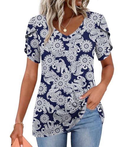 Image of CATHY 2026 Women Tops Summer Short Sleeve Tunic V Neck T-Shirts Loose Casual Floral Blouse S-4XL