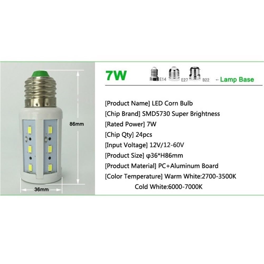 HHF Home Lighting, 30 x 30 x 12 V 7 W/10 W/15 W/18 W/25 W E27 SMD5730 para interior, autocaravana, barco(Bianco, DC 12 to 60v 15w)