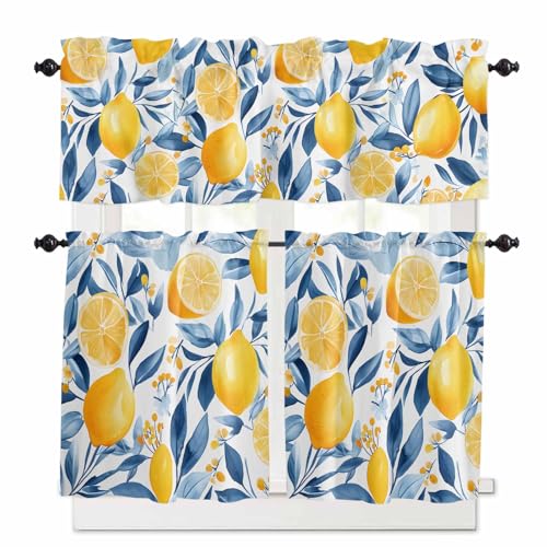 Summer Lemon Kitchen Curtains 36 Inch Length,3 Piece Rod Pocket Small Half Tiers and Valance Set,Spring Pastoral Watercolor Fruit Blue Yellow Small Large Window Treatment Decor for Bedroom/Bathroom