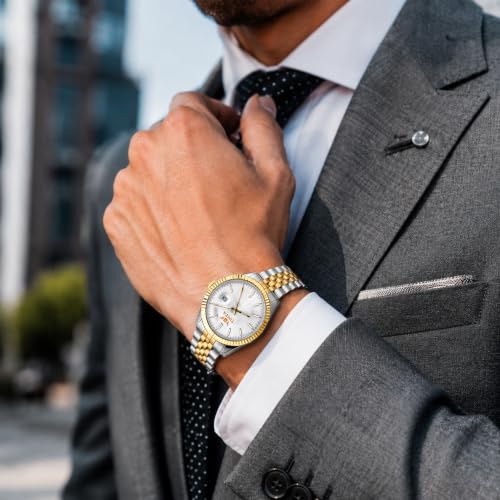 Image of Classic Off-White Dial Quartz Watch for Men with Stainless Steel Two Tone Bracelet (Silver-Golden), Magnified Date Window & Water Resistant Build