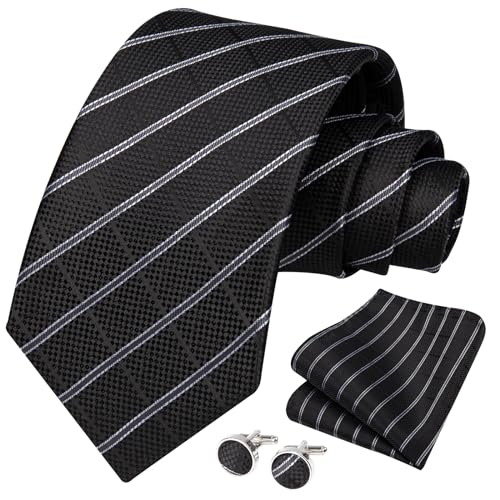 Image of HISDERN Mens Ties Set Stripe Plaid Ties for Men and Pocket Square Cufflinks Formal Silk Necktie Wedding Business