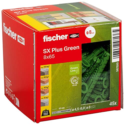 Image of fischer 567810 Expansion SX Plus Green 8 x 65, Box of 45 Sustainable, Purpose dowels Made from Renewable raw Materials, Optimal Hold, Solid, aerated Concrete, Perforated Bricks and Much, Greenline