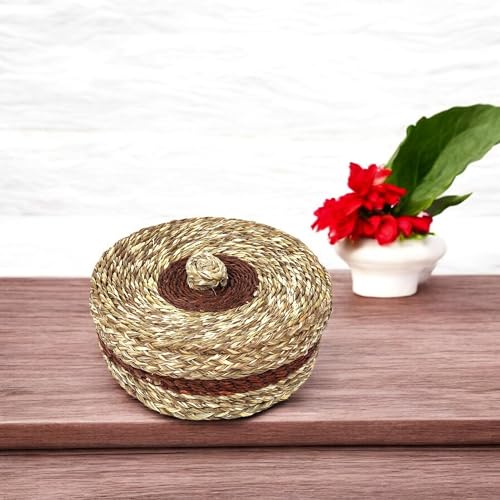 Image of Handwoven Sabai Grass Chapati Box with Lid, Round, 25x10 cm, Natural Brown