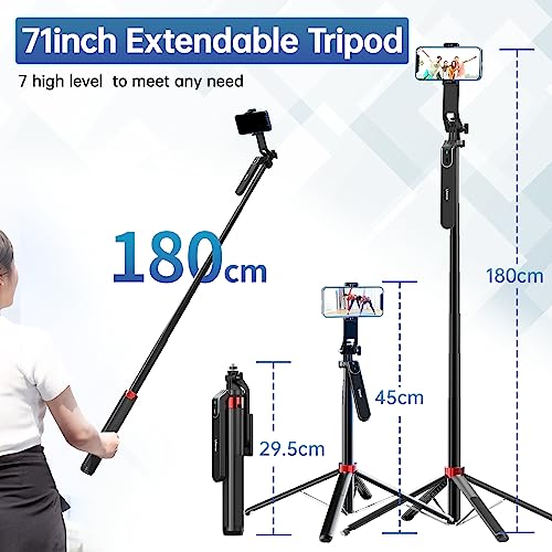 Image of ULANZI MA09 Extendable Phone Tripod, 71 inch Selfie Stick Phone Vlog Tripod Stand Quadrapod with All in 1 Phone Clip, Travel Tripod Phone Holder with Rechargeable Remote for iPhone Sony Canon GoPro | Cell Phone Tripod Stand w rechargeable remote, Handheld Shooting, 360 Rotating, 1 /4'' Screw for Selfie Video, iPhone Android