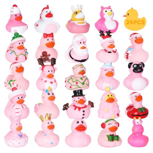 24 Pcs Pink Rubber Ducks, Assorted Styles Mini Ducks in Bulk for Kids’ Parties, Cruise Ship Hiding Fun & Bath Time Decor