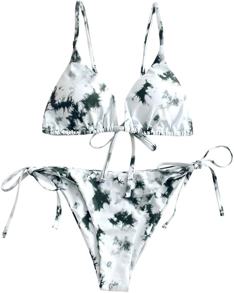 ZAFUL Women's Tie Dye Cinched String Triangle Bikini Set Three Piece Swimsuit : Clothing, Shoes & Jewelry