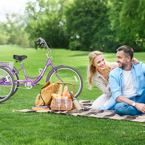 Image of Max4out Adult Tricycle with Large Basket 24 /26 Inch, Stable 3 Wheel Cruise Bicycle for Shopping, Beach and City Trike Perfect for Men, Women, Seniors（Blue /Purple /Red）