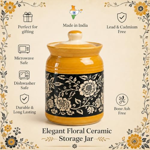 Image of D'Maiolica Ceramic Handmade Pickle Jars in 1000ml (set of 2) | Floral Bale 1 kg Achaar Martban | Ceramic Jadi for Kitchen Storage (Set of 2) | Jars for Achar, Spices, Salt (Yellow Black Full Floral)