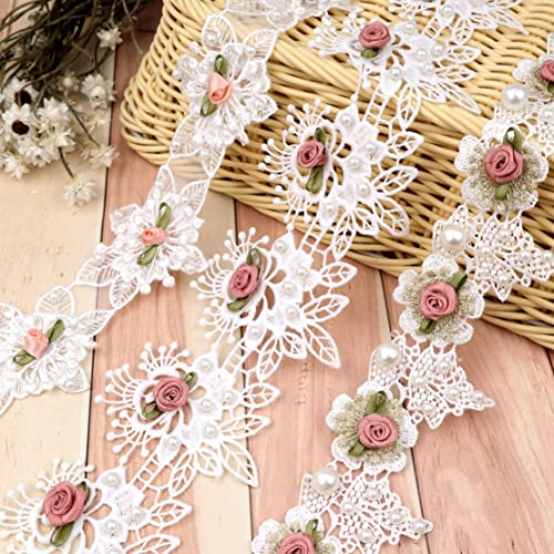 Flower Pearl Beads Lace Trim Ribbon Floral Applique Embroidered Lace Ribbon For Sewing, Wedding Dress, Clothes Decoration #TOP4